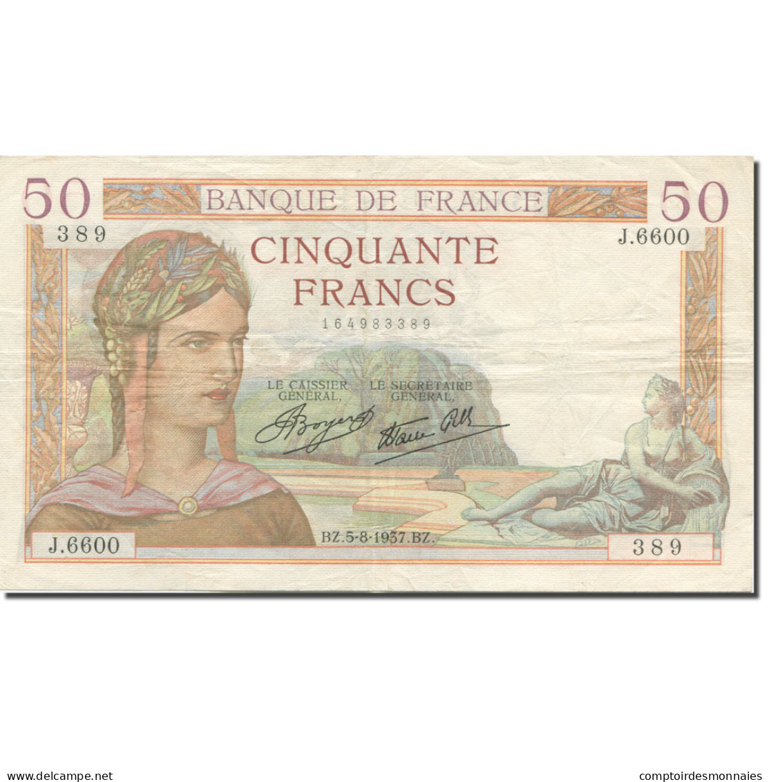 France, 50 Francs, Cérès, 1937, 1937-08-05, TTB, Fayette:18.1, KM:85a - 50 F 1934-1940 ''Cérès''