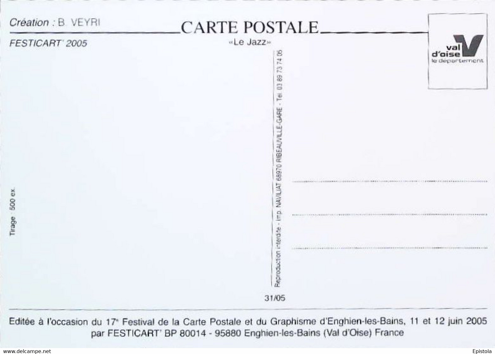 ► Carte Postale  - Instrument à Vent - MILES DAVIS  Avec TROMPETTE Dessin Bernard Veyri -  Tirage Limité 500 Ex. 2005 - Veyri, Bernard