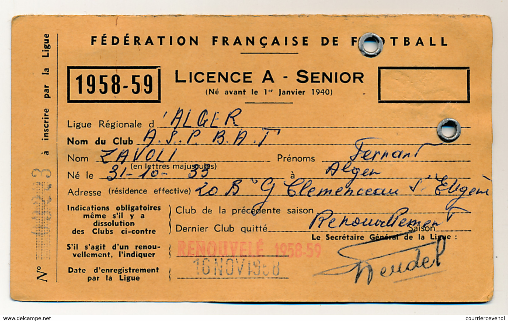 Fédération Française De Football - Licence A Senior - 1958/59 - Ligue Régionale D'Alger - Otros & Sin Clasificación