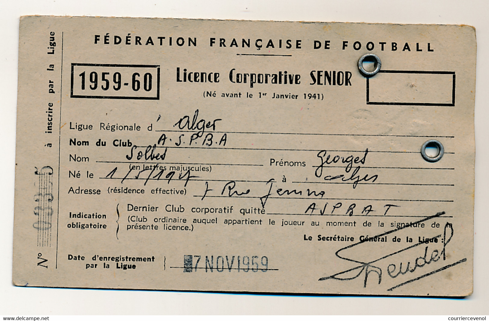 Fédération Française De Football - Licence Corporative Senior - 1959/60 - Ligue Régionale D'Alger - Otros & Sin Clasificación