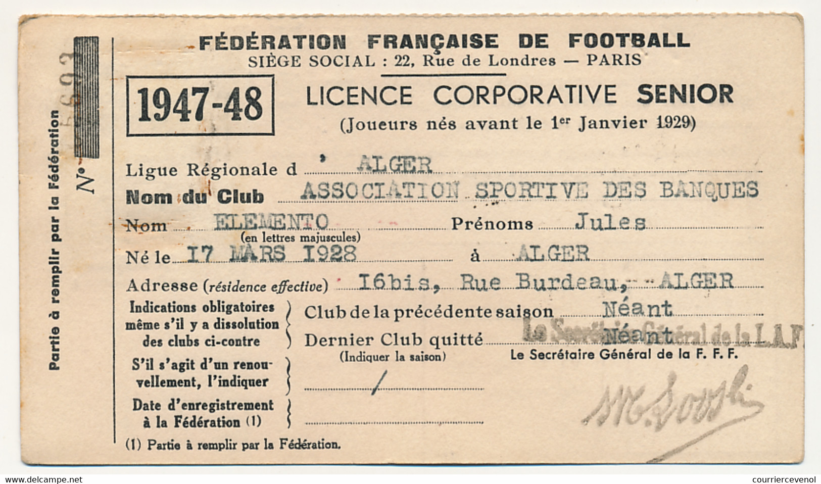 Fédération Française De Football - Licence Corporative Senior - 1947/48 - Ligue Régionale D'Alger - Documents Historiques