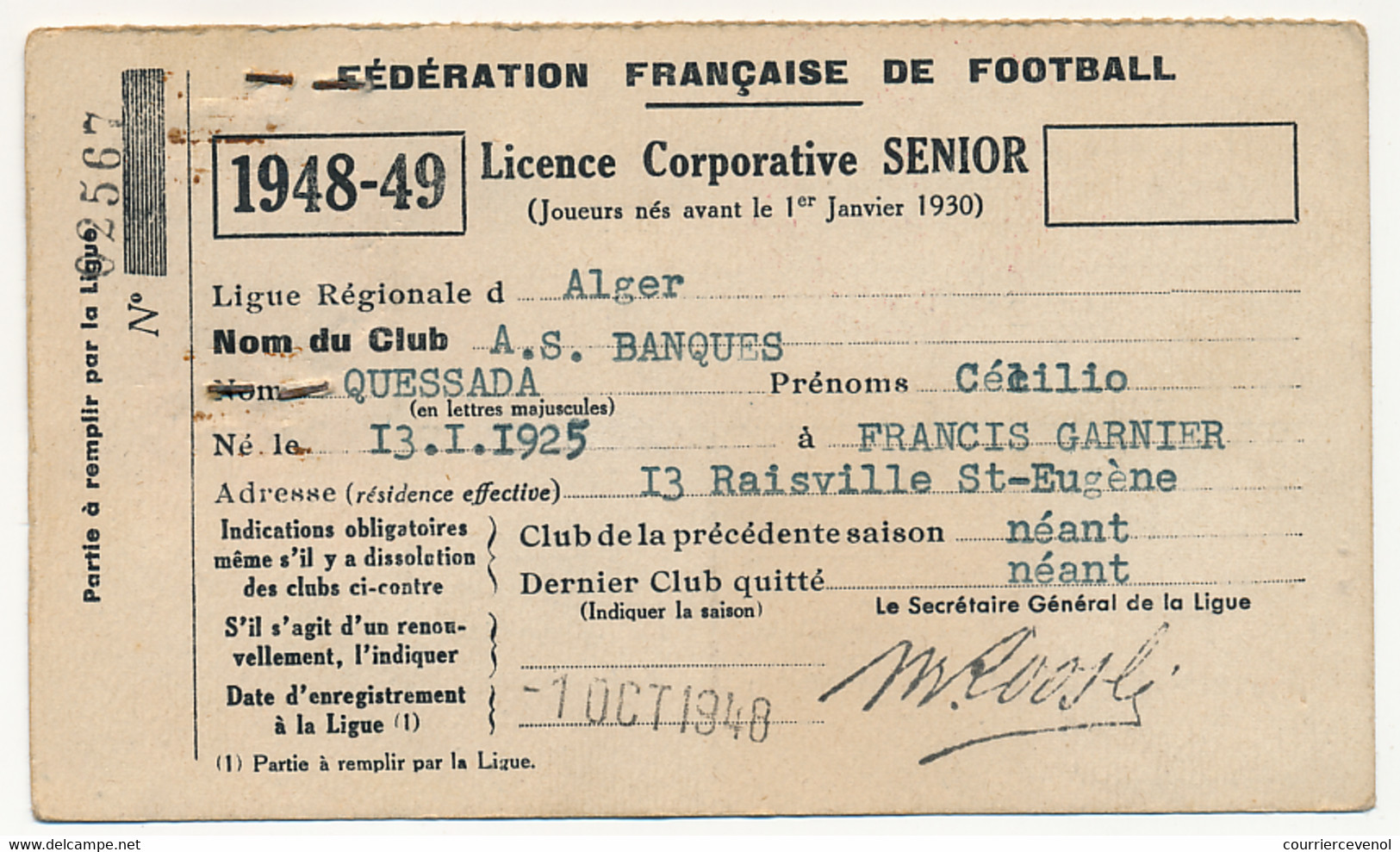 Fédération Française De Football - Licence Corporative Senior - 1948/49 - Ligue Régionale D'Alger - Documents Historiques