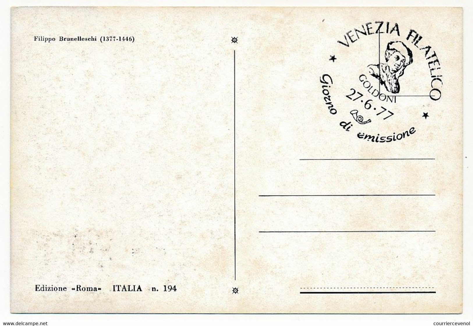 ITALIE - Carte Maximum - Brunelleschi - 27/6/1977 Venise - Cartoline Maximum