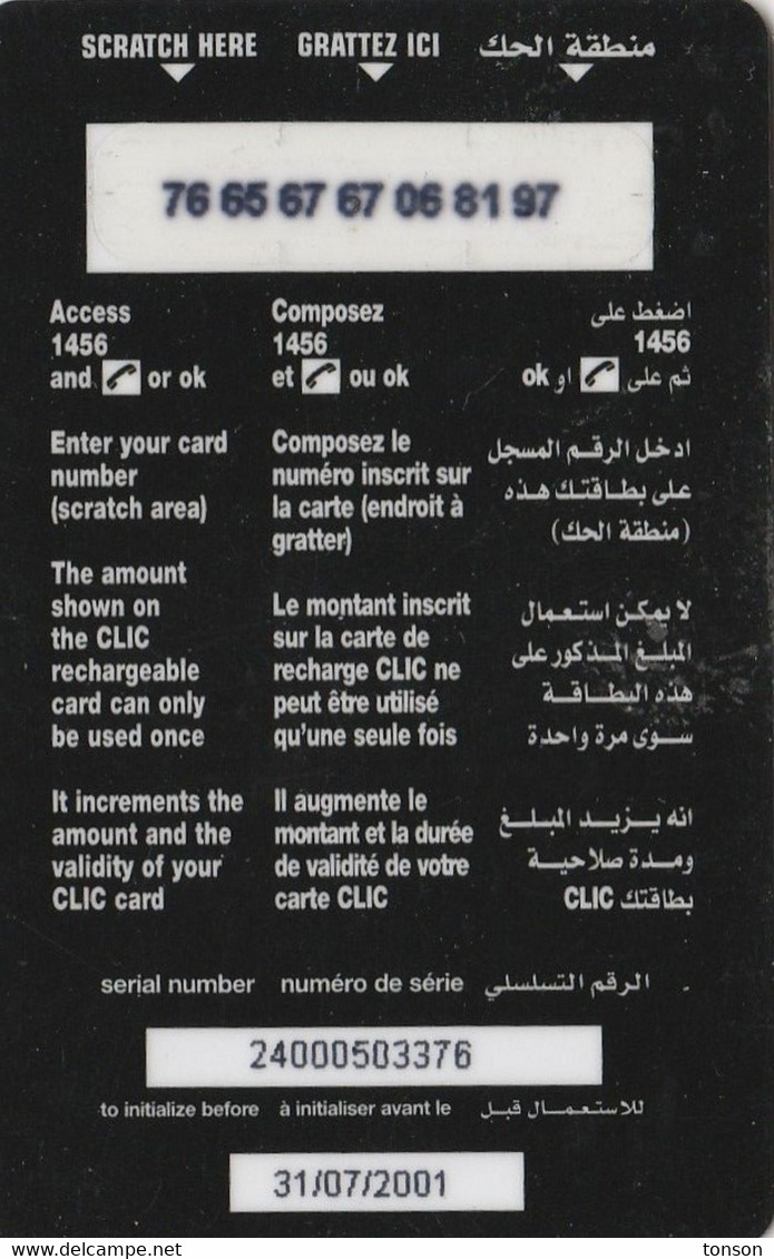 Lebanon, LB-CLC-REF-0014B, 44$, Clic Recharge Card, Family, 2 Scans.   Exp. : 31/07//2001 - Liban