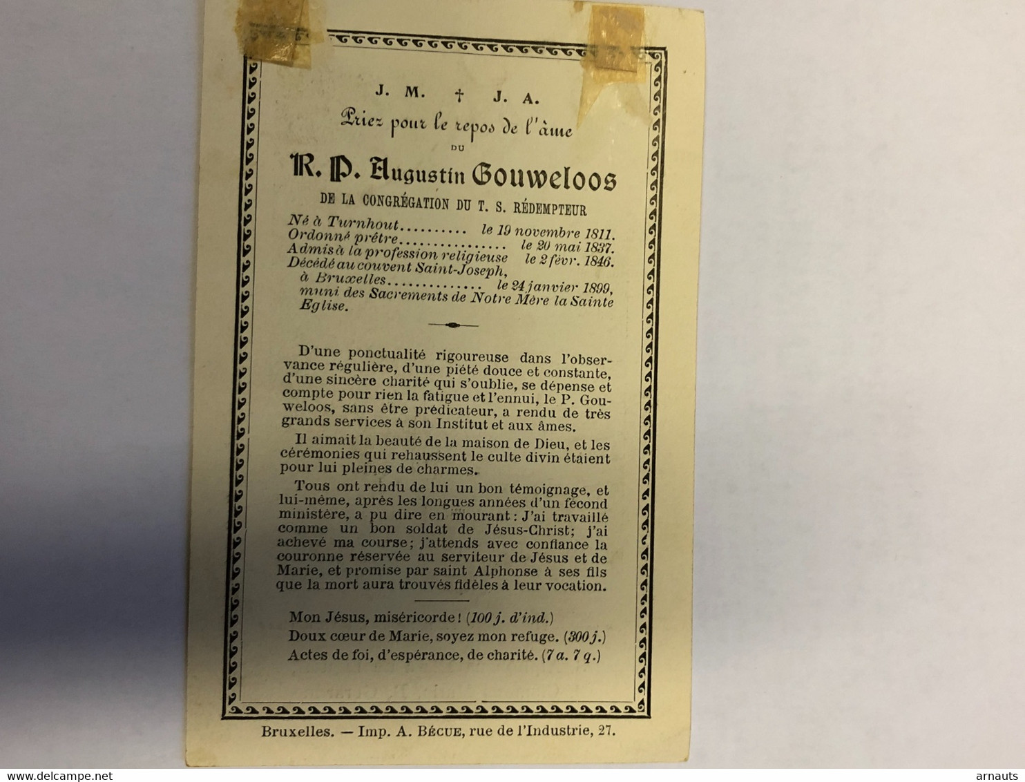 R.P. Augustin Gouweloos Congregation Redempteur *1811 Turnhout Pretre + Bruxelles 1899 Couvent Saint Joseph Imp Becue Br - Obituary Notices