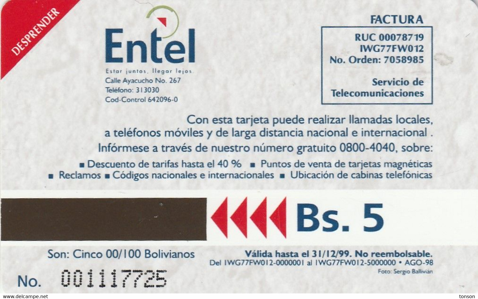 Bolivia, BO-ENTEL-032, Bs.5, Chinkana Isla Del Sol, Unused, 2 Scans - Bolivië