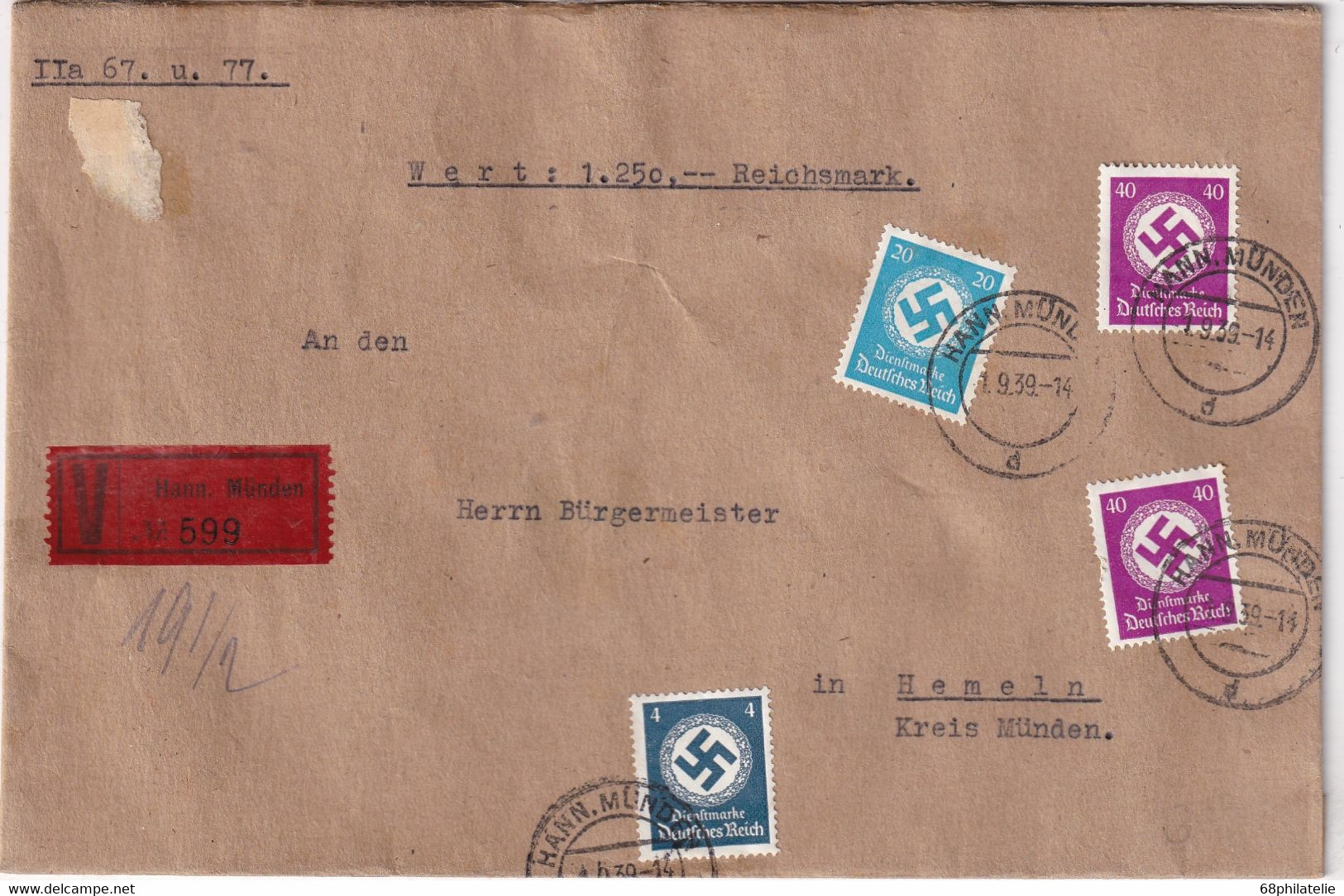 ALLEMAGNE 1939 LETTRE VALEUR DECLAREE DE HANN.MÜNDEN AVEC TIMBRES DE SERVICE - Dienstmarken