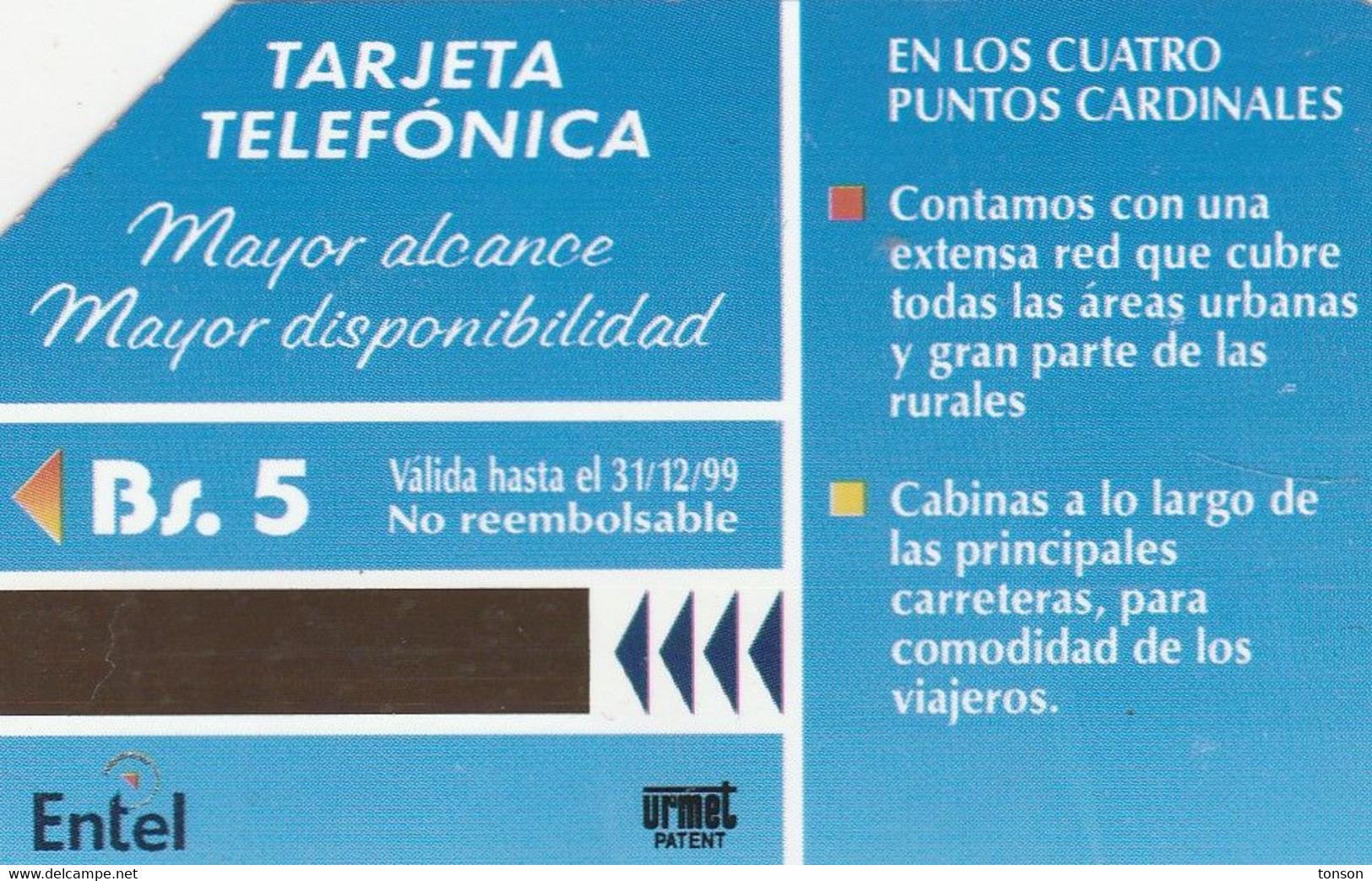 Bolivia, BO-ENTEL-024C, Bs.5.00, Entel, Tamura Card, Montage Of Views , 2 Scans.    >Exp : 31/12/99 - Bolivien