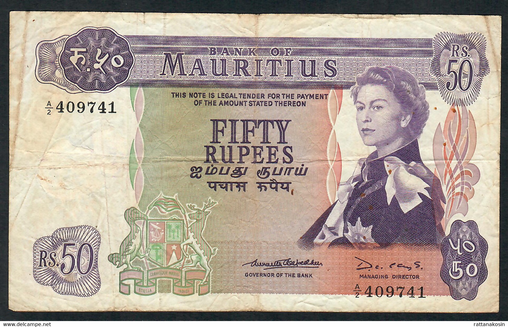 MAURITIUS P33b 50 RUPEES 1967  #A/2  Signature 2      VF    NO P.h. - Mauricio