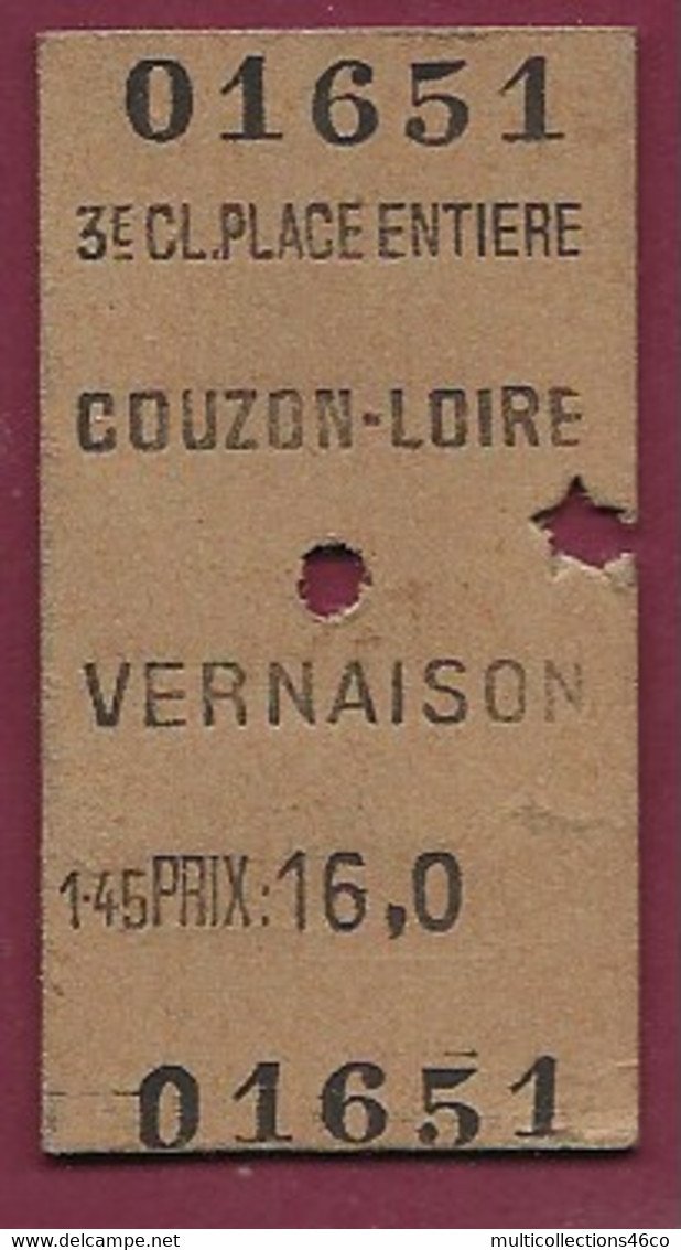 181220 - TICKET CHEMIN DE FER TRAM - 01651 3e Classe Place Entière COUZON LOIRE 42 VERNAISON 69 1.45 Prix : 16 - Europe