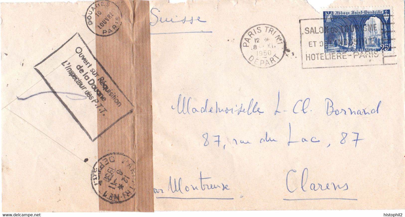 25F Abbaye Saint Wandrille Seul 1950 Pr La Suisse Lettre Ouverte Réquisition Du Contrôle Douanier Paris Tri N°1 Départ - Lettres & Documents