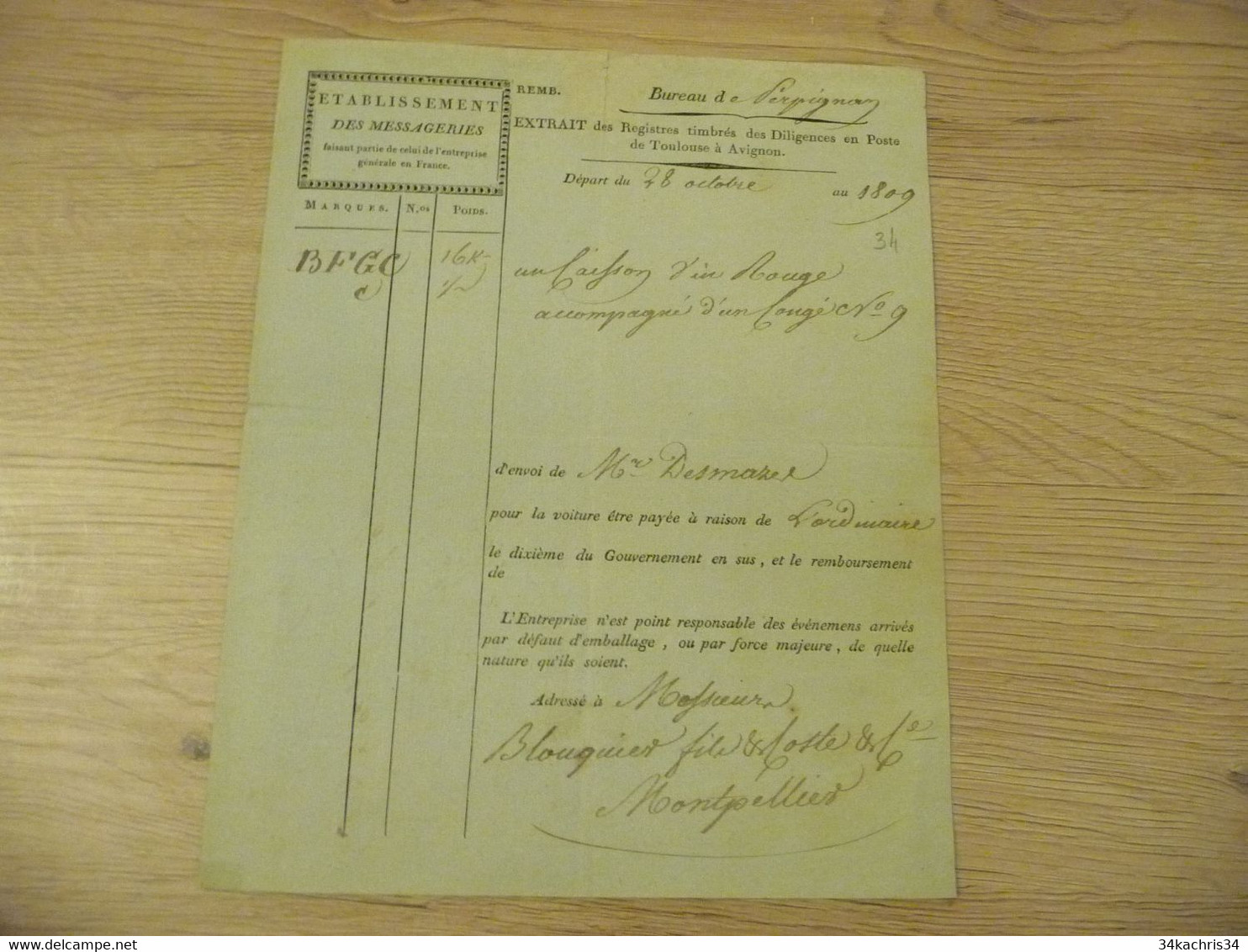 Feuille De Route Lettre De Voiture Roulage Perpignan Bureau Des Messageries 1809 Vin Rouge Pour Montpellier - Transports