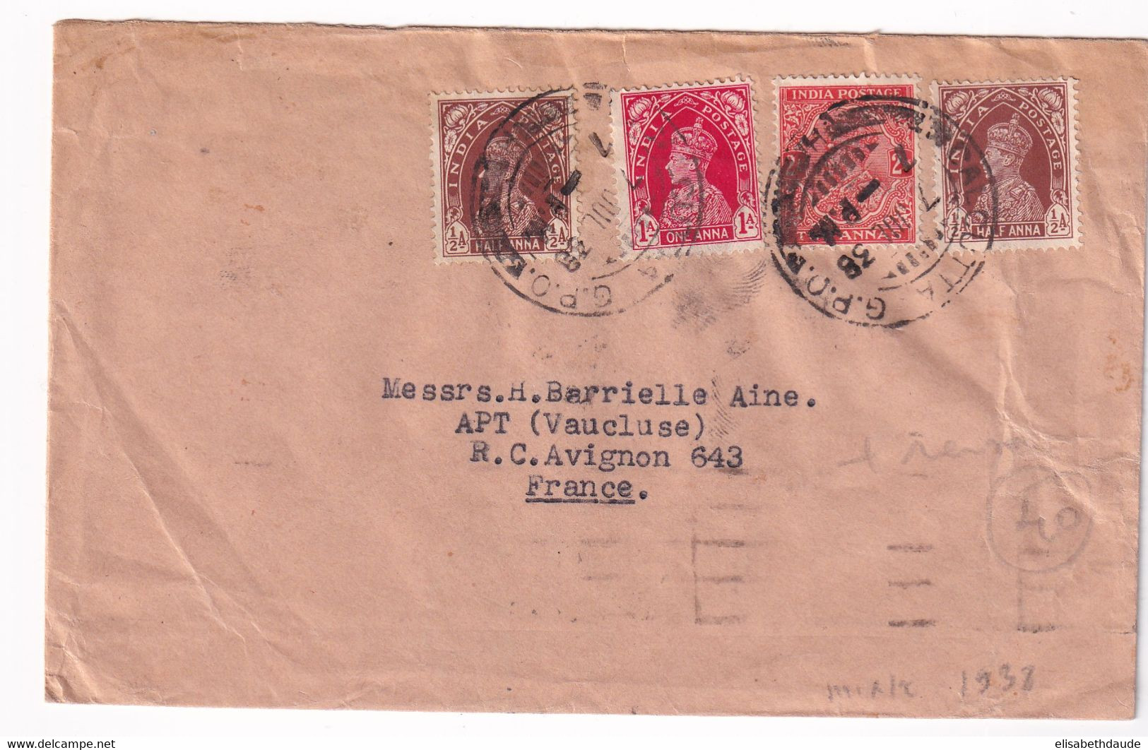 INDIA - 1938 - ENVELOPPE De CALCUTTA => APT (VAUCLUSE) - 1936-47 Koning George VI