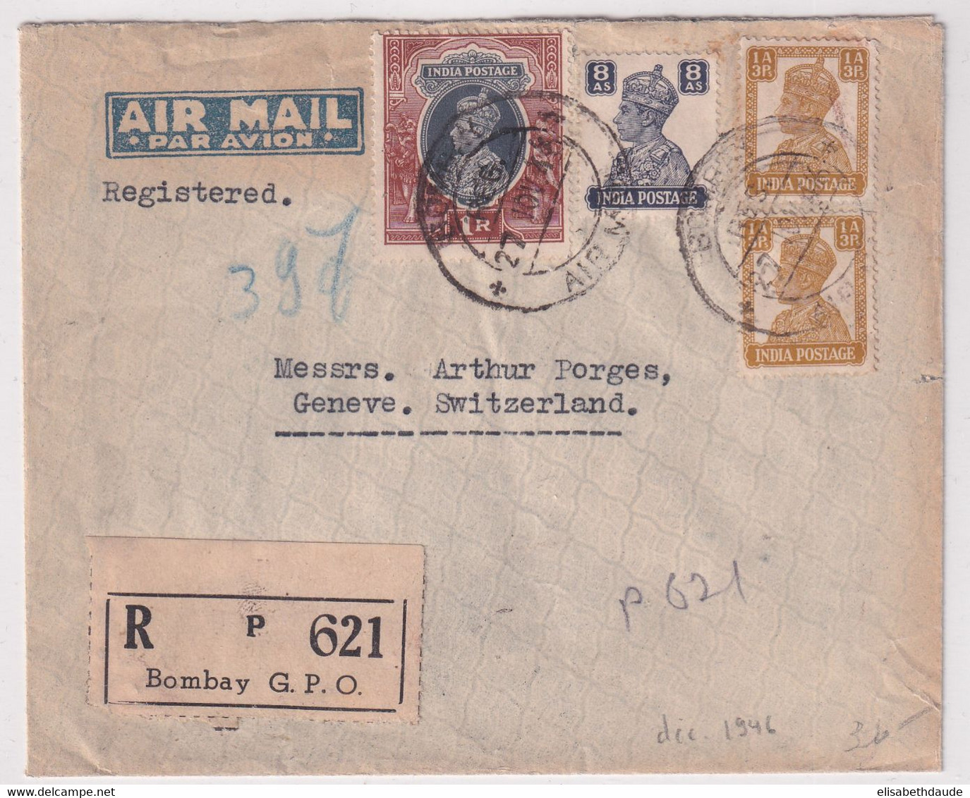 INDIA - 1946 - ENVELOPPE AIRMAIL RECOMMANDEE De BOMBAY => GENEVE (SUISSE) - 1936-47 Koning George VI