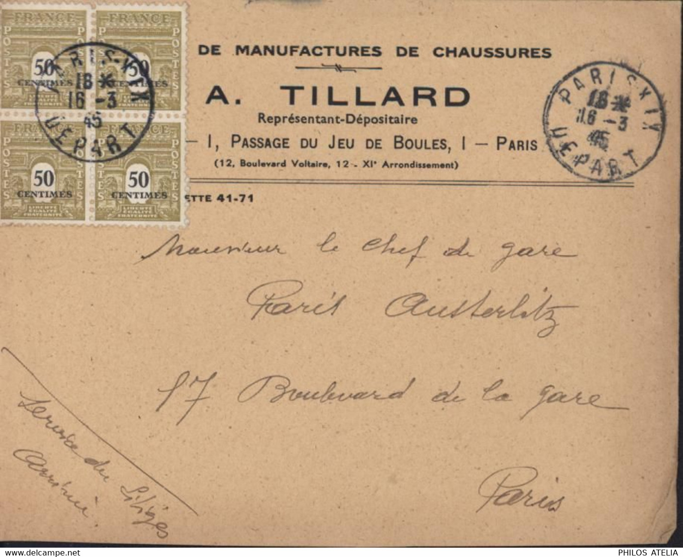 Enveloppe Avec Bloc De 4 Du YT 704 Arc De Triomphe Seul CAD Paris XIX Départ 16 3 45 Manufacture Chaussures Tillard - 1944-45 Triumphbogen
