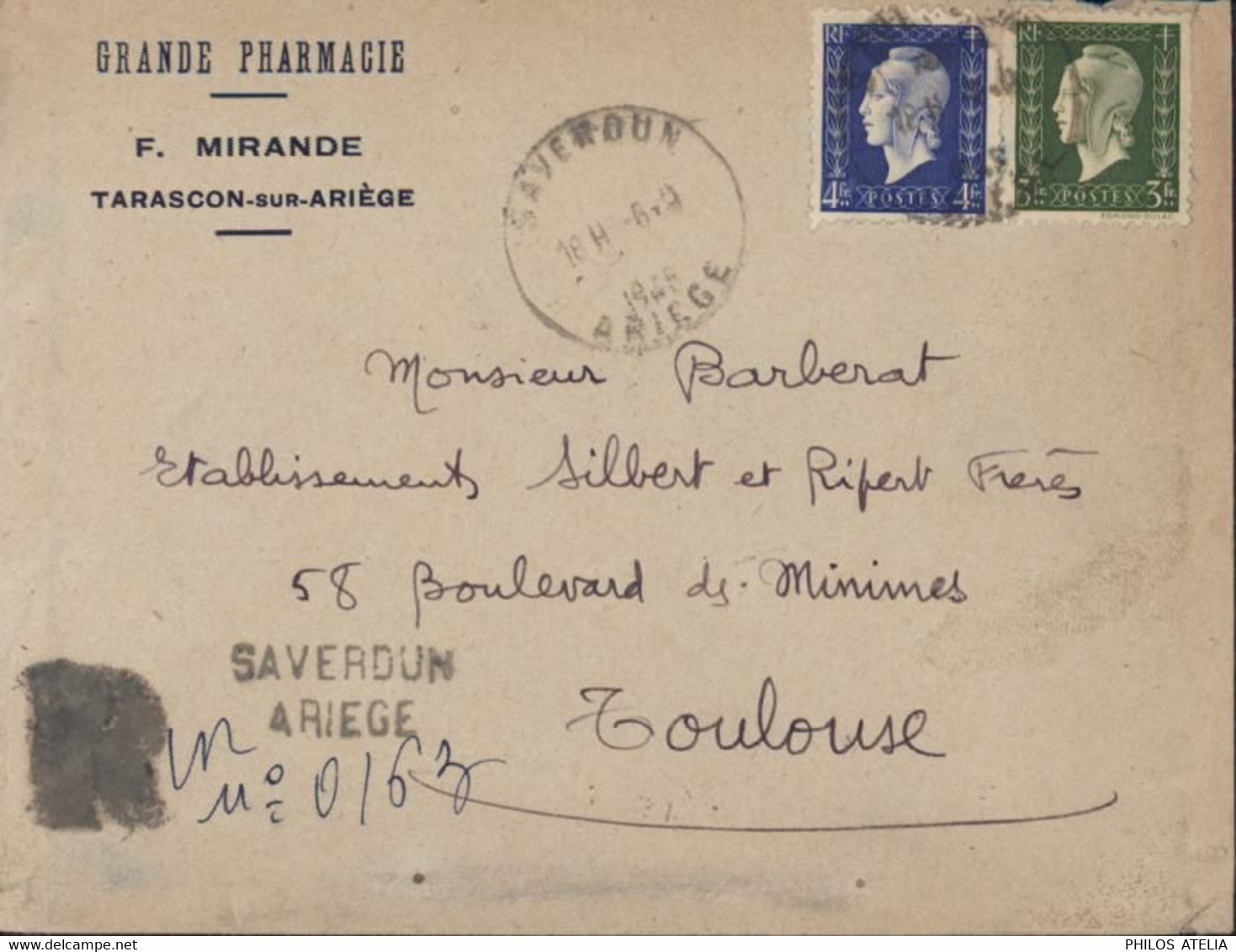 Recommandé De Fortune Saverdun Ariège CAD Saverdun 1945 YT 694 695 Marianne Dulac Pharmacie Mirande Tarascon S Ariège - Guerra De 1939-45