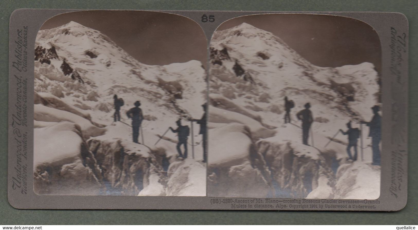 02153 "1820-ASCENT OF MT. BLANC-CROSSING BOSSONS GLACIER CREVASSES -GRANDS-MULETS IN DISTANCE-1901" STEREOSCOPICA ORIG. - Cartes Stéréoscopiques