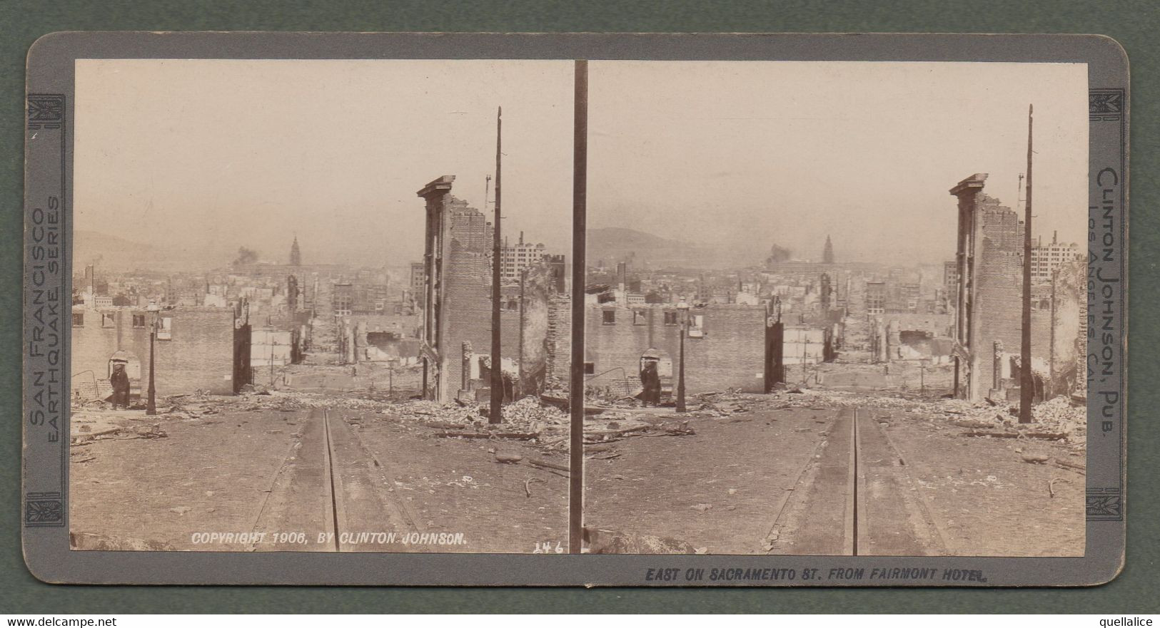 02163 "CALIFORNIA-SAN FRANCISCO-EAST ON SACRAMENTO ST. FROM FAIRMONT HOTE-TERREMOTO 18 APRILE 1906" STEREOSCOPICA ORIG. - Stereoscopische Kaarten