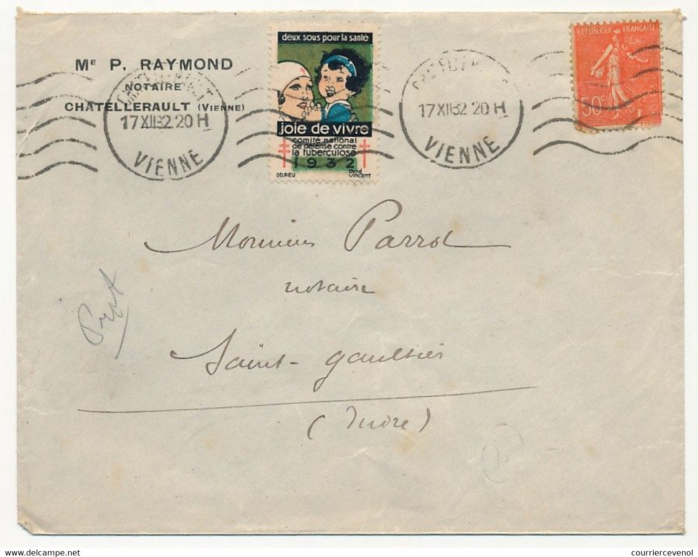 Vignette Anti-tuberculeuse 1937 Sur Enveloppe, De Chatellerault (Vienne)  17/12/1932 - Lettere