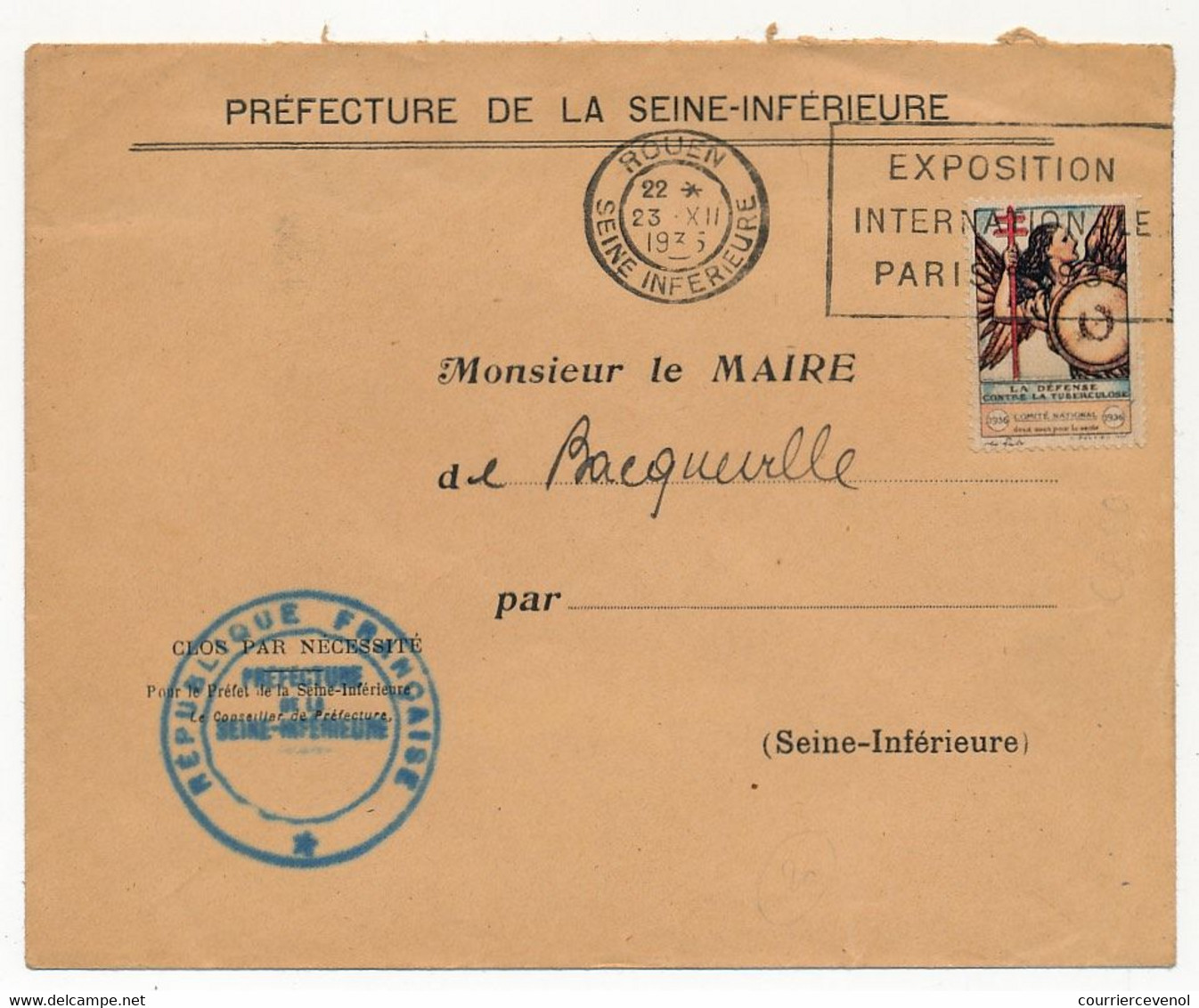 Vignette Anti-tuberculeuse 1936 Sur Enveloppe En Franchise Administrative De Rouen 1935é - Lettres & Documents