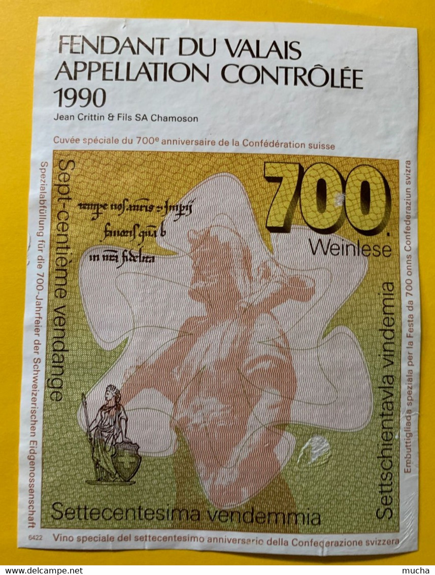 17551 - 700e Anniversaire De La Confédération Fendant 1990 Style Billet De Banque - 700 Jahre Schweiz. Eidgenossenschaft