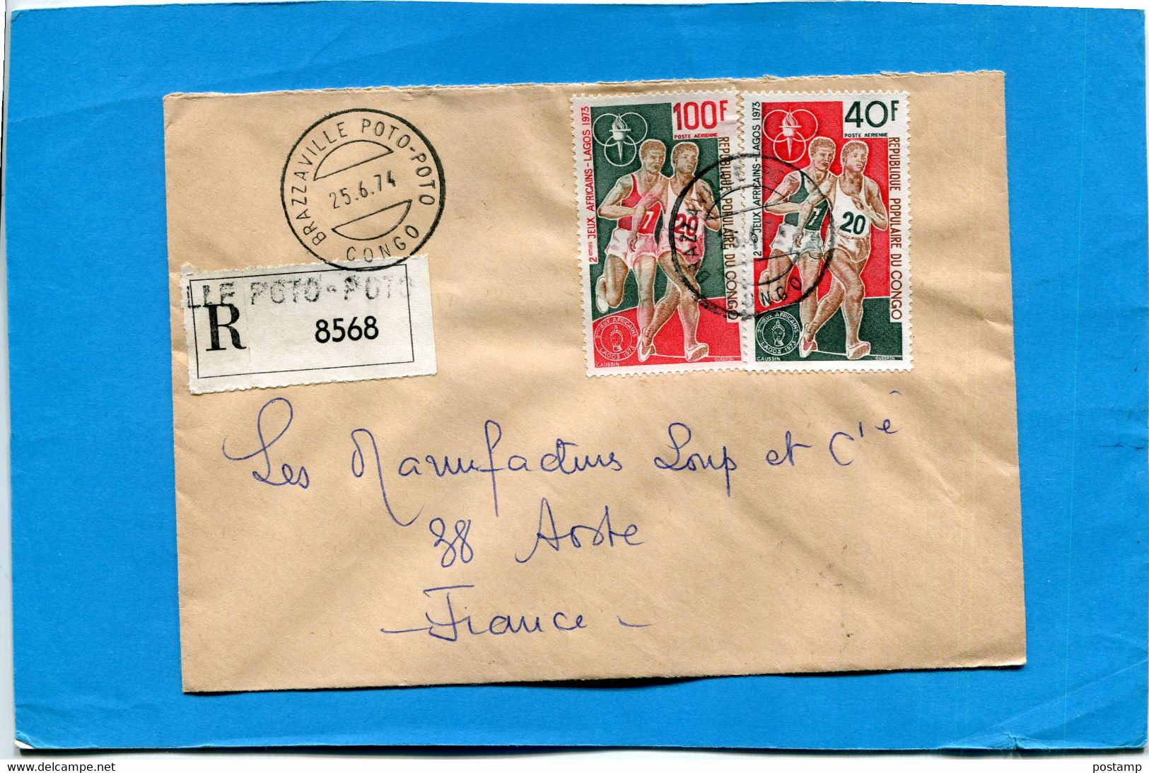 MARCOPHILIE-Congo -Lettre-REC +Thematic Cad 1974 Brazza Potopo Poto- 2stamps N°A182-3 Sports - Other & Unclassified