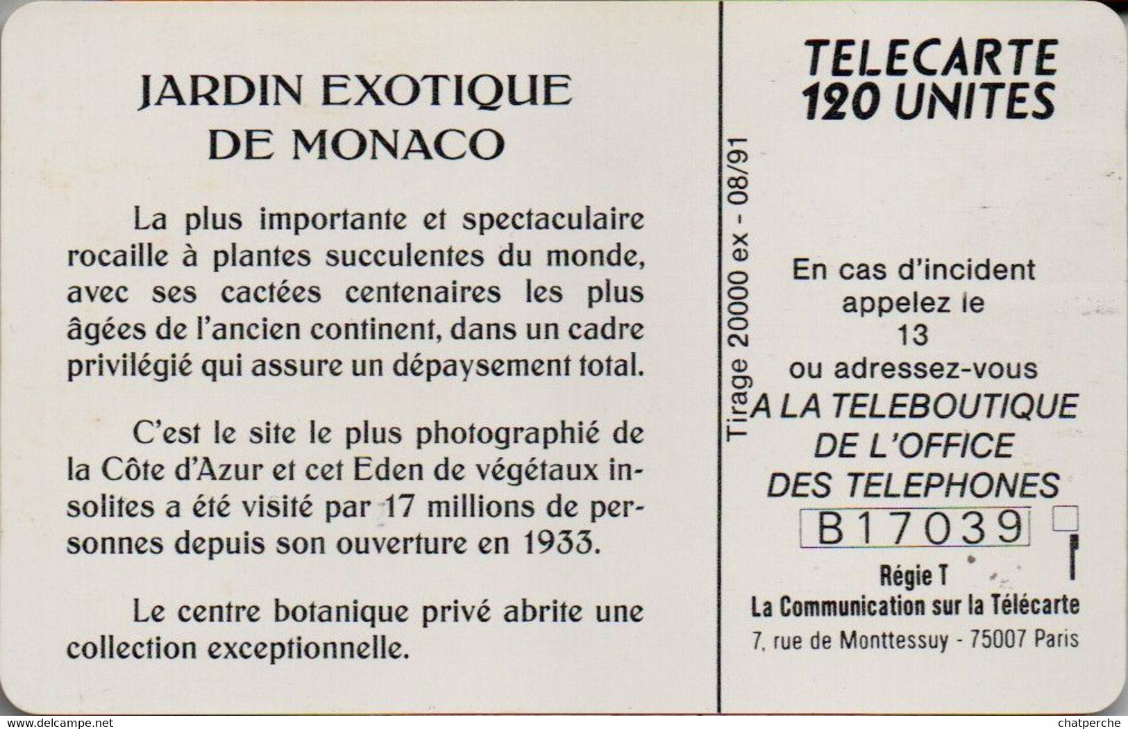 TÉLÉCARTE PHONECARD MONACO OFFICE DES TÉLÉPHONES JARDIN EXOTIQUE DE MONACO CACTUS 120 UNITÉS UTILISÉE - Monaco