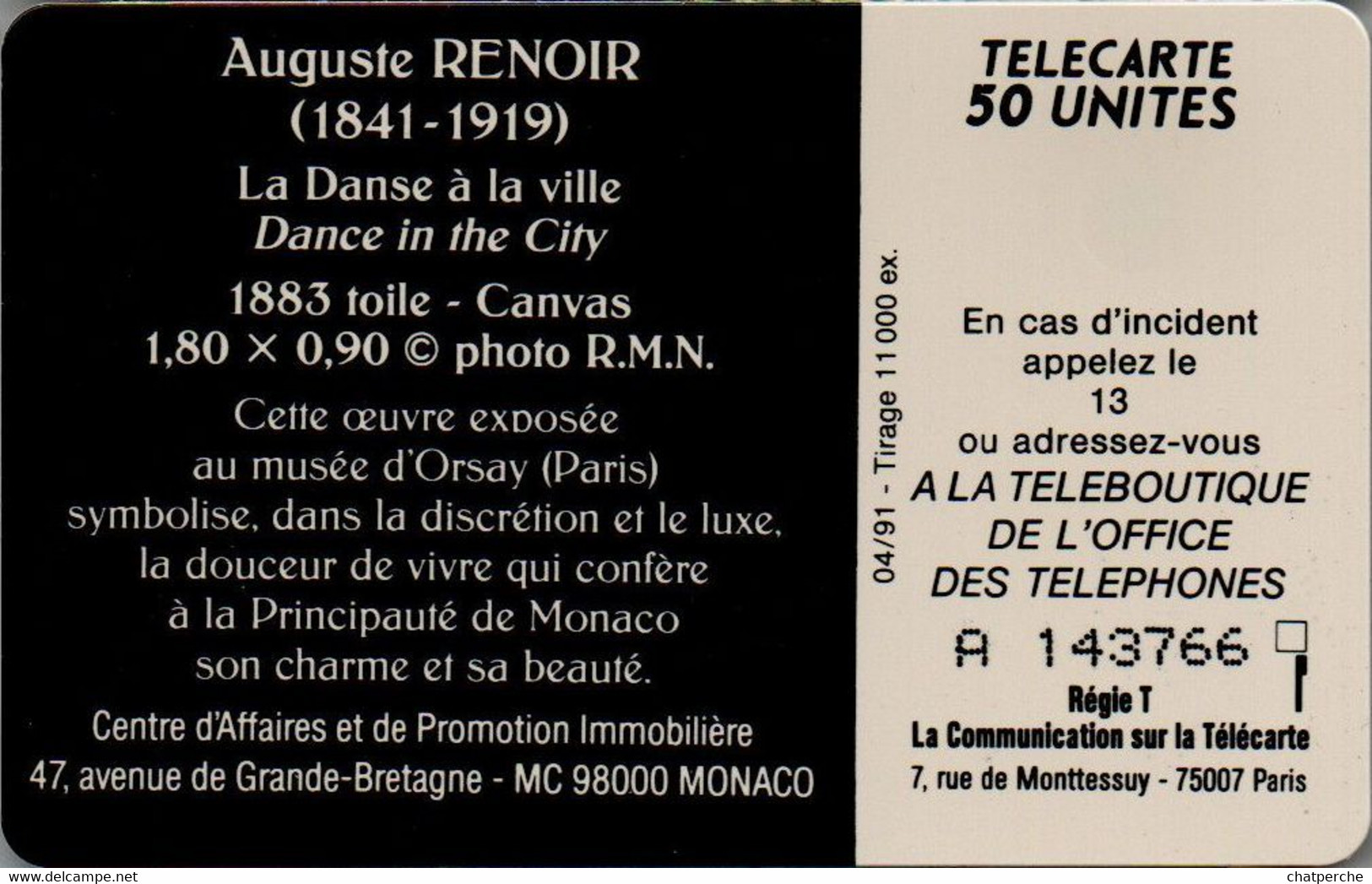 TÉLÉCARTE PHONECARD MONACO OFFICE DES TÉLÉPHONES AUGUSTE RENOIR TABLEAU LA DANSE A LA VILLE 50 UNITÉS UTILISÉE - Monaco