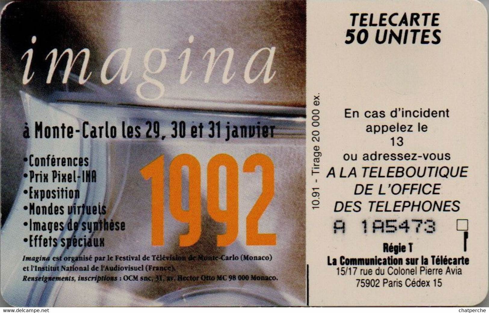 TÉLÉCARTE PHONECARD MONACO OFFICE DES TÉLÉPHONES IMAGINA 1992 EXPOSITION MANIFESTATION  50 UNITÉS UTILISÉE - Monaco