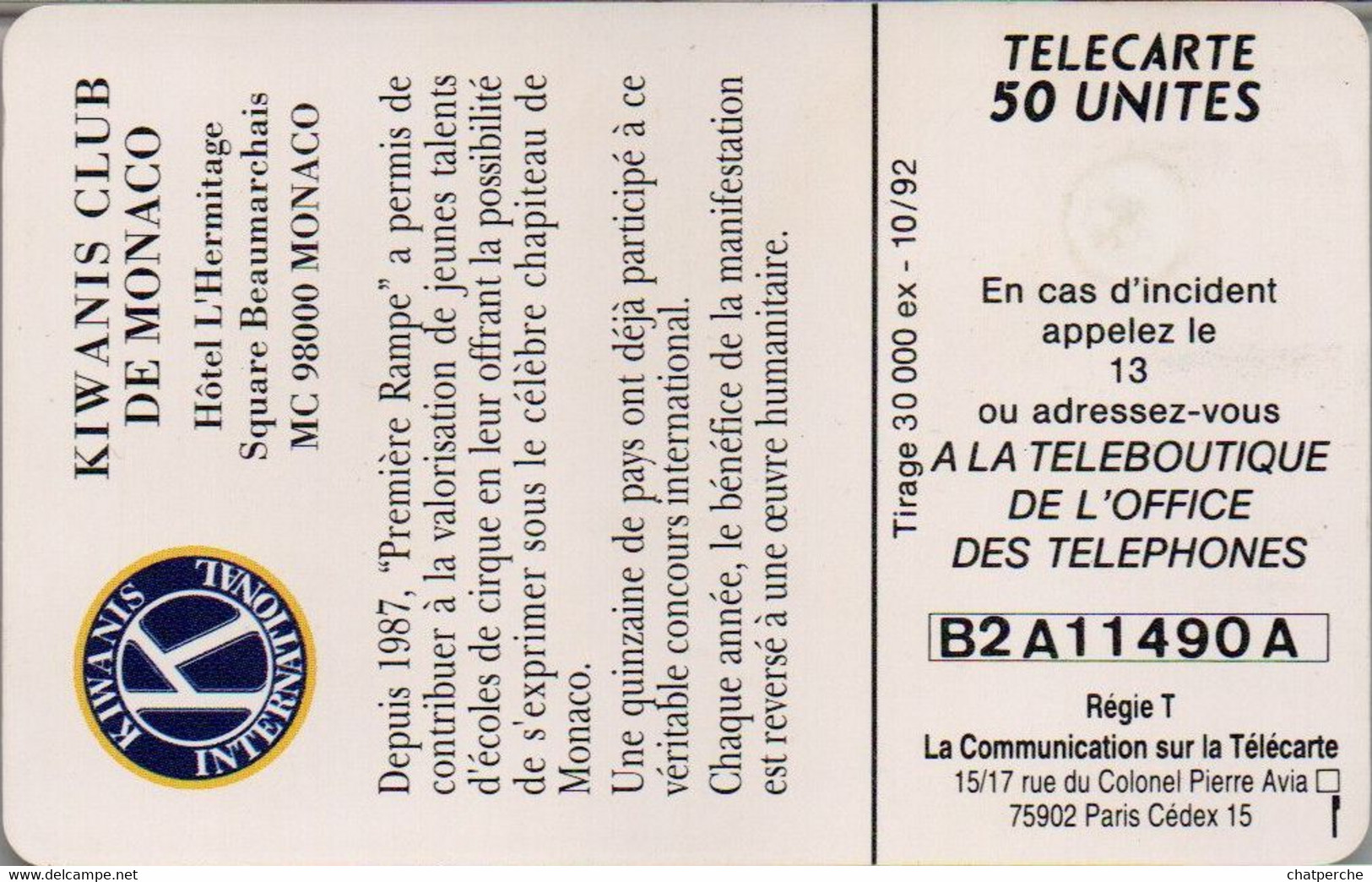 TÉLÉCARTE PHONECARD MONACO OFFICE DES TÉLÉPHONES V EME PREMIÈRE RAMPE 1992 KIWANIS CLUB  50 UNITÉS UTILISÉE - Monaco