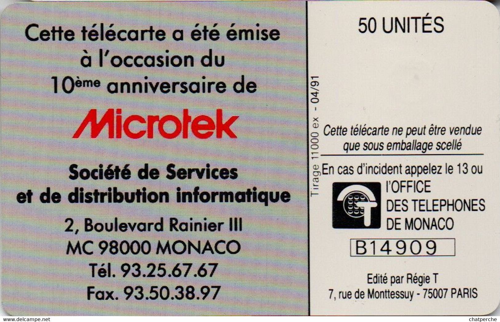 TÉLÉCARTE PHONECARD MONACO OFFICE DES TÉLÉPHONES 10 EME ANNIVERSAIRE DESSIN FRANCIS BRACO MICROTECK   50 UNITÉS UTILISÉE - Monace