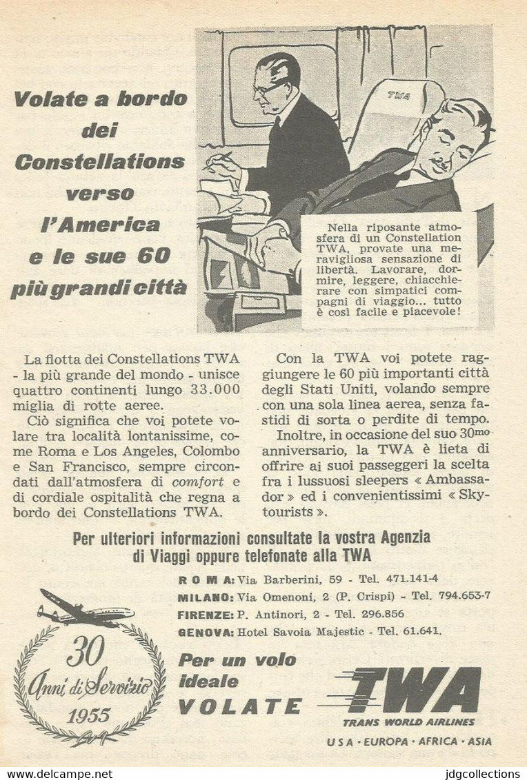 # TWA 1950s Italy Advert Pubblicità Publicitè Publicidad Reklame New York California Airlines Airways Aviation Airplane - Pubblicità