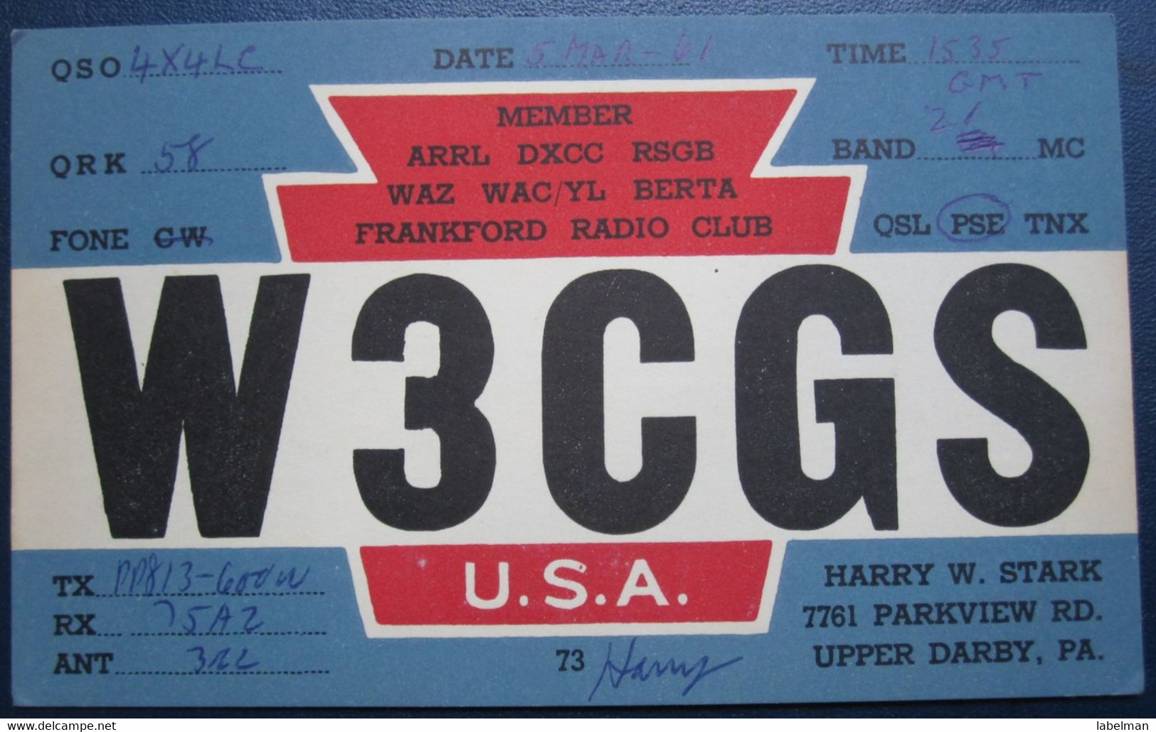 USA UNITED STATES QSL AMATEUR SHORTWAVE RADIO STATION CARD W3CGS FRANKFORD UPPER DARBY PA. STARK POSTCARD ANSICHTSKARTE - Lancaster