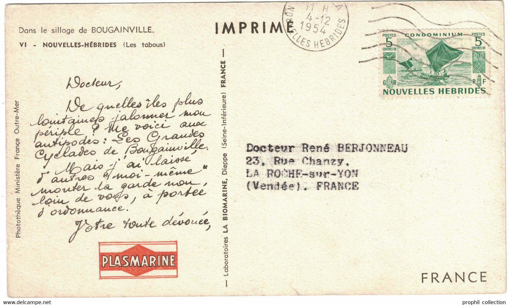 CARTE PUBLICITAIRE NOUVELLES HÉBRIDES LABORATOIRE PHARMACEUTIQUE PLASMARINE CACHET Et AFFRANCHISSEMENT À VOIR 1954 - Other & Unclassified