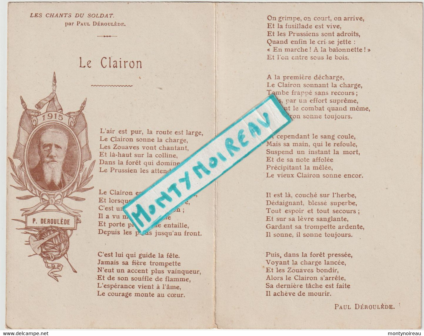 Vieux  Papier : Soldat ,le  Clairon , Les  Chants Du  Soldat Par Paul Déroulède , Journée Du Poilu 1915 - Matériel Et Accessoires