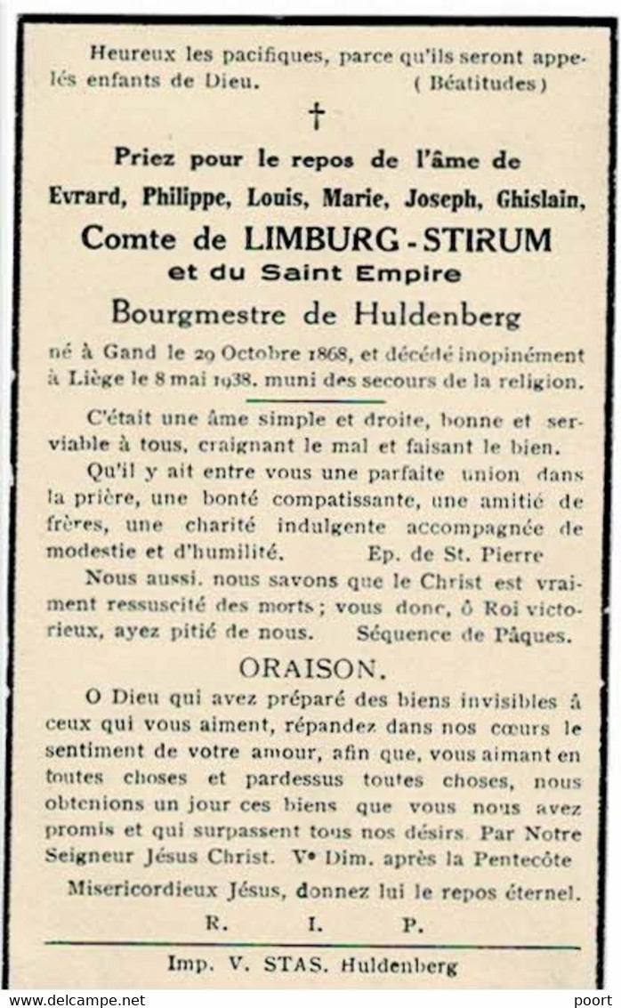 GAND / HULDENBERG / LIEGE - Evrard Philippe Comte De LIMBURG-STIRUM Et Du Saint Empire - Bourgmestre - °1868 Et +1938 - Devotieprenten