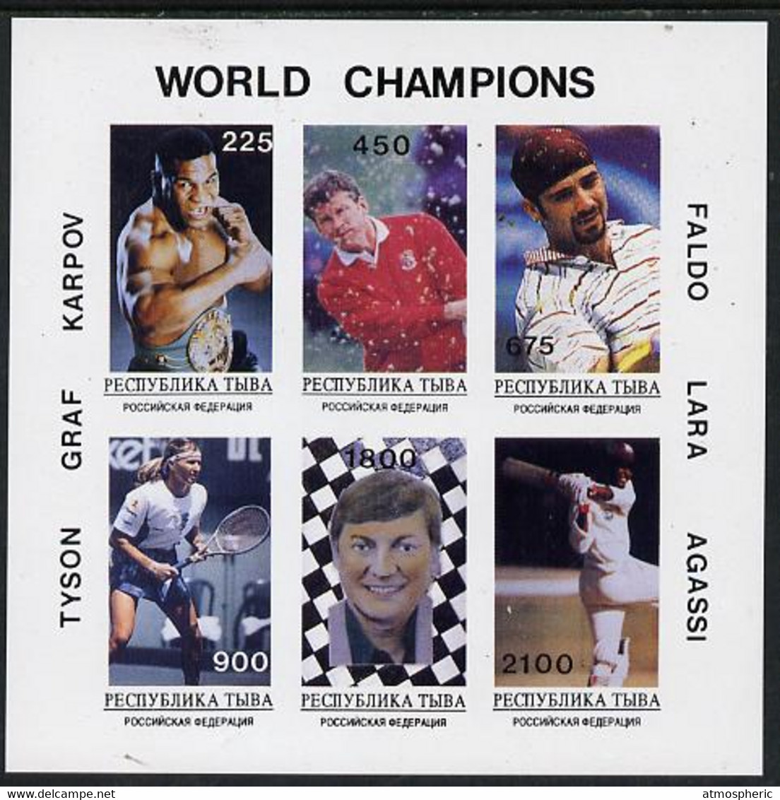 Touva 1995 World Champions Imperf Set Of 6 U/M (Tyson, Graf, Karpov, Faldo, Lara & Agassi) - Tuva