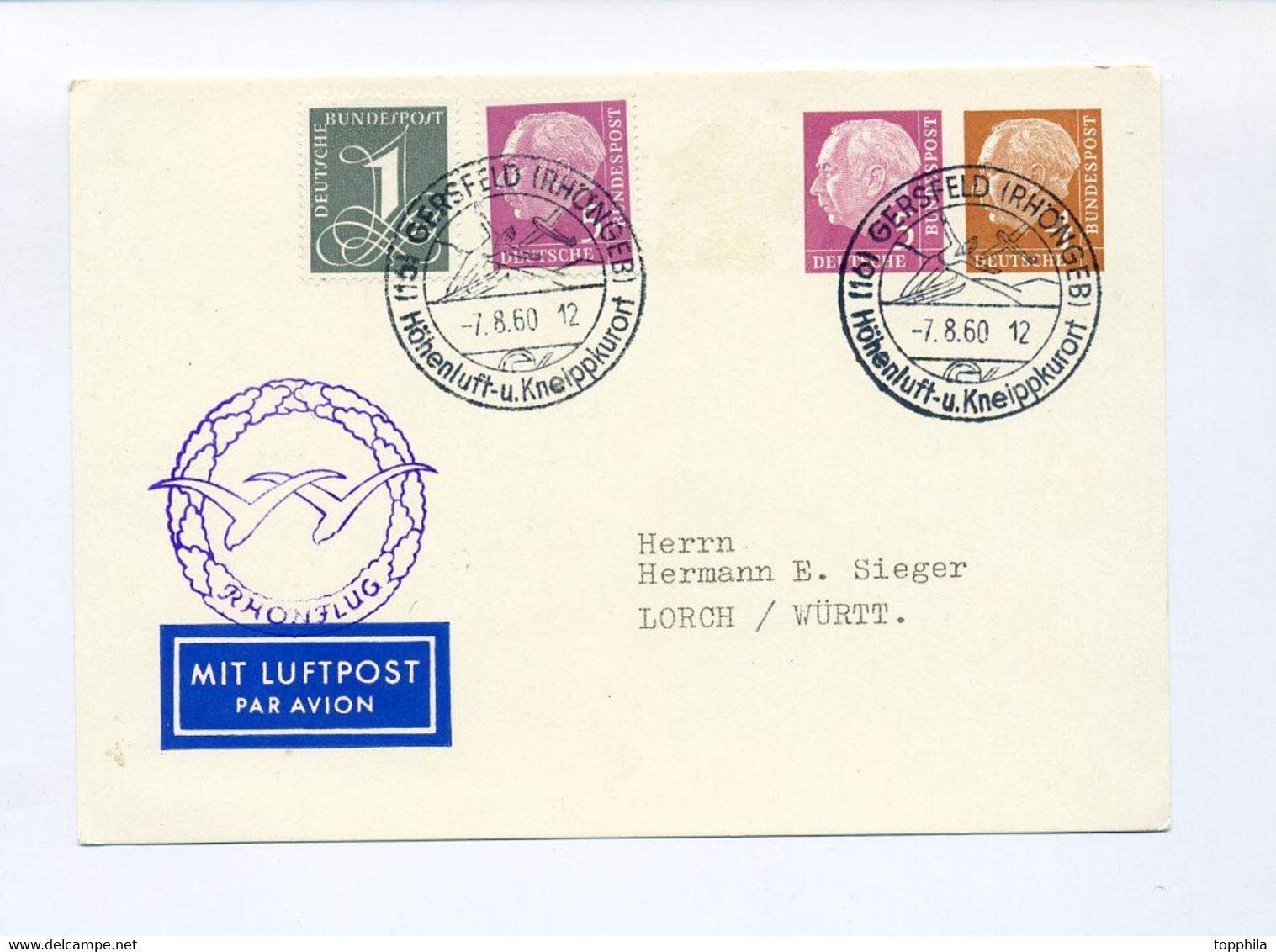 1960 Bund Lupo Privatganzsache 5  + 4 Pfg Heuss Rhönflug SSt Gersfeld An Sieger Lorch - Cartes Postales Privées - Oblitérées