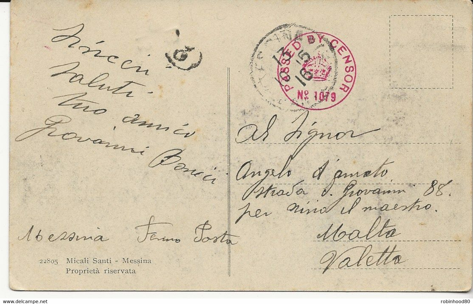 Dc19 ITALY WWI 1916 PPC To MALTA With British Censor And Malta Postman Number 21 - Malta