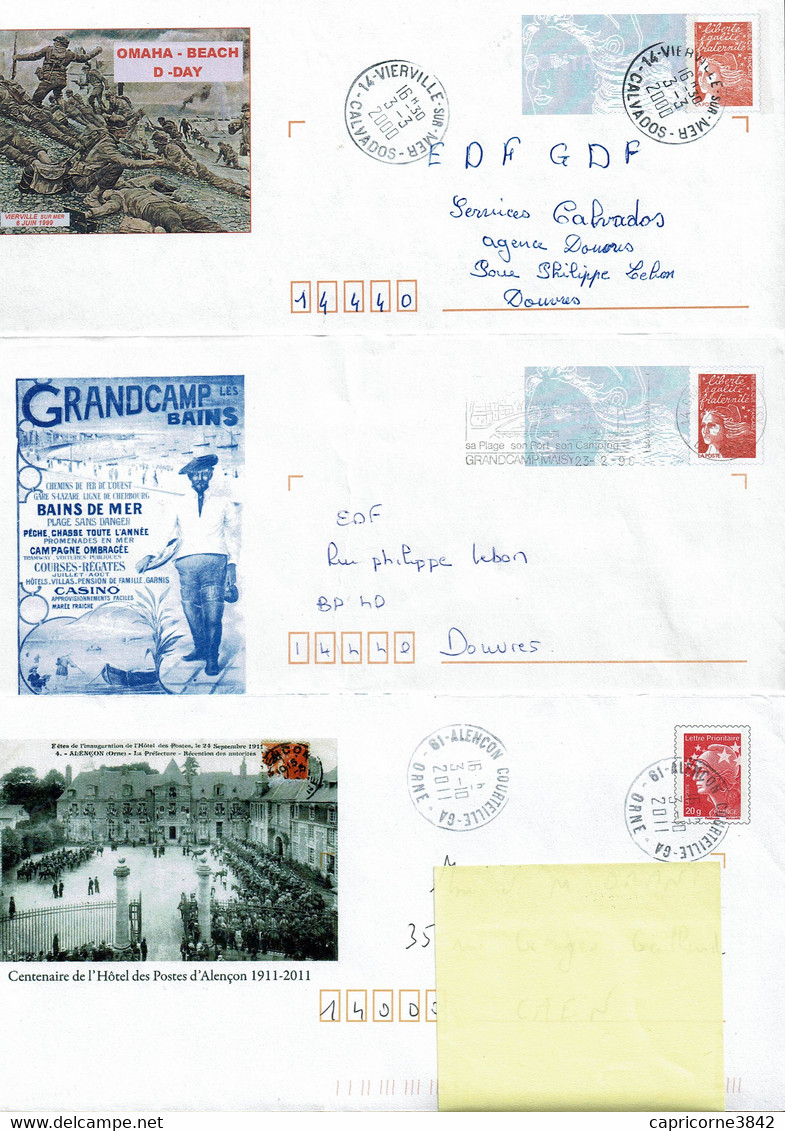 3 Enveloppe PAP  - Repiquage OMAHA BEACH D-DAY (Vierville) + GRANDCAMP LES BAINS + CENTENAIRE POSTE D'ALENCON - PAP : Altri (1995-...)