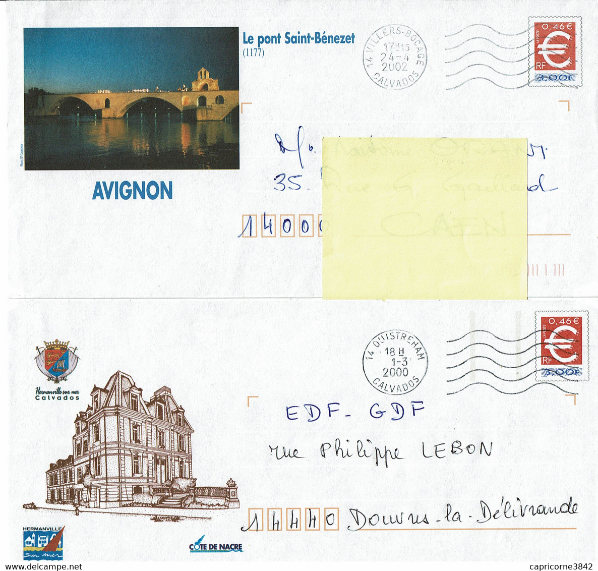 2 Enveloppes PAP - Tp TIMBRE EURO - Repiquage LE PONT St BENEZET à AVIGNON Et HERMANVILLE SUR MER (14) - PAP: Privé-bijwerking