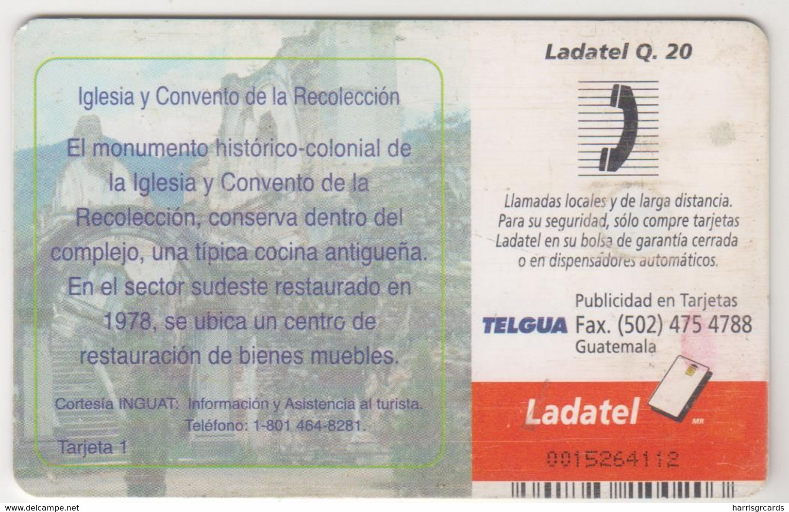 GUATEMALA - Colonial Guatemala-Iglesia Y Convento De La Recoleccion - Tarjeta 1, Telgua-108, Used - Guatemala