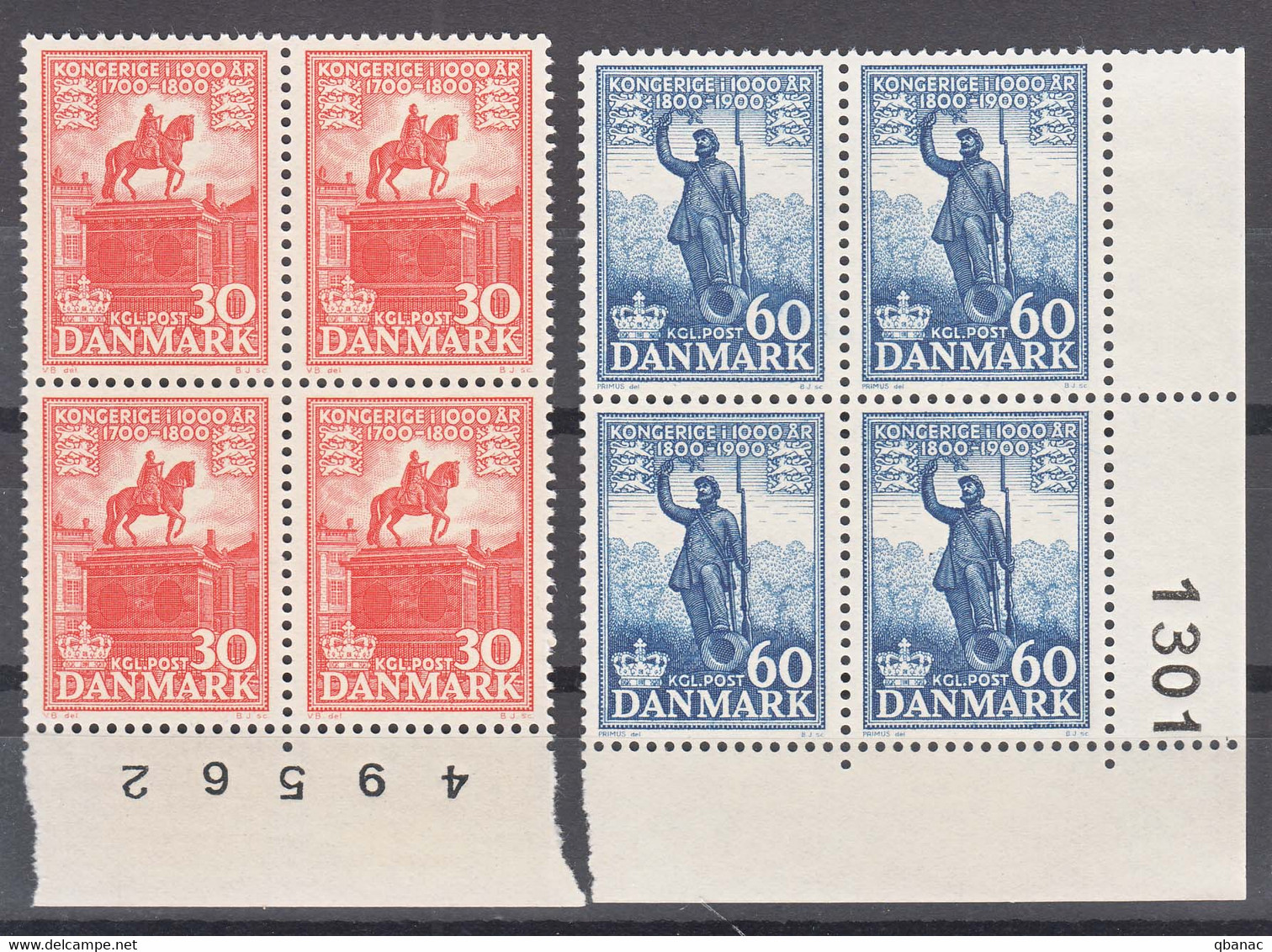 Denmark 1955 Mi#356-357 Mint Never Hinged Piece Of 4 With Plate Marks - Unused Stamps
