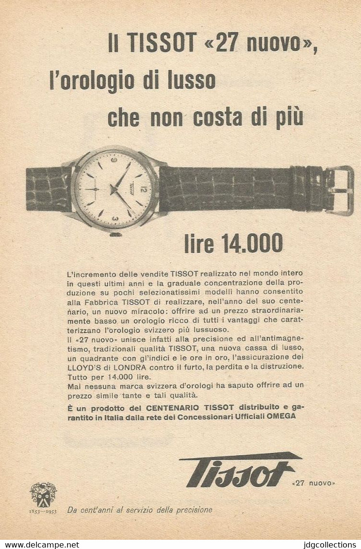 # TISSOT LE LOCLE HORLOGERIE SUISSE 1950s Italy Advert Publicitè Reklame Orologio Montre Uhr Reloj Relojo Watch - Orologi Pubblicitari