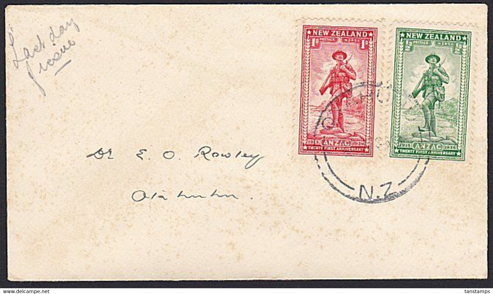 NEW ZEALAND 1936 ANZAC SCARCE LAST DAY COVER - Covers & Documents