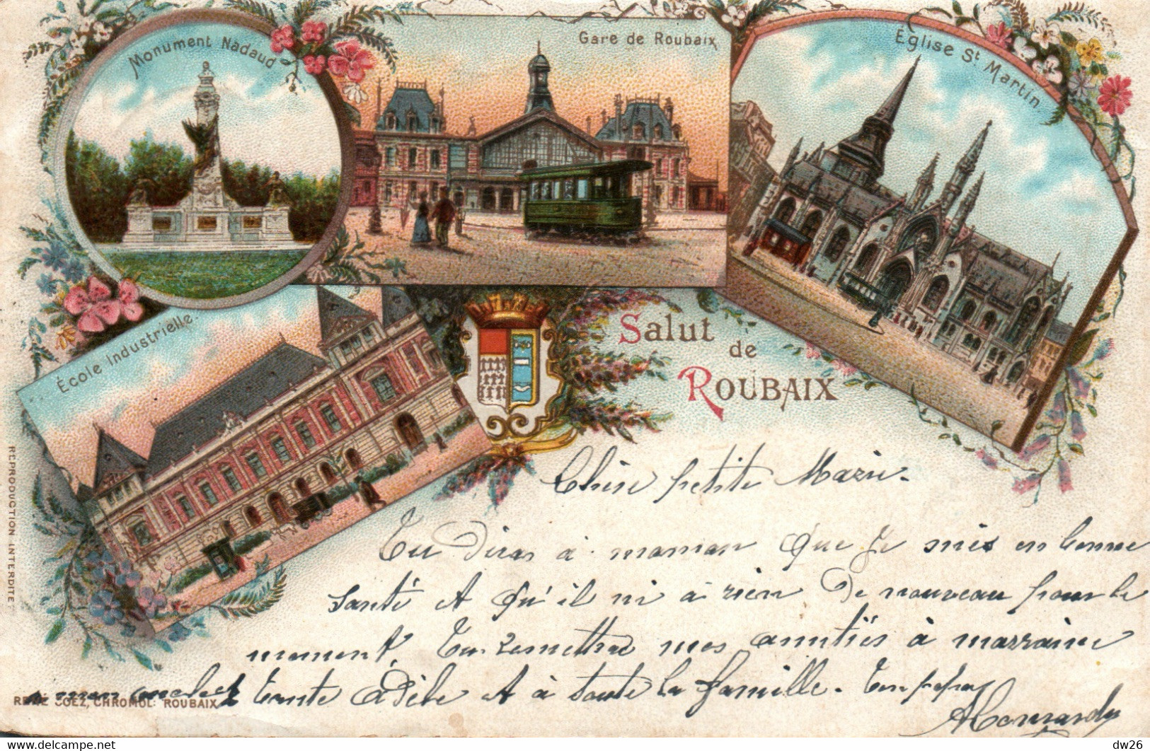 Souvenir - Salut De Roubaix, Lithographie Multivues 1902 (Gare, Ecole, Eglise St Martin...) Carte Dos Simple - Souvenir De...