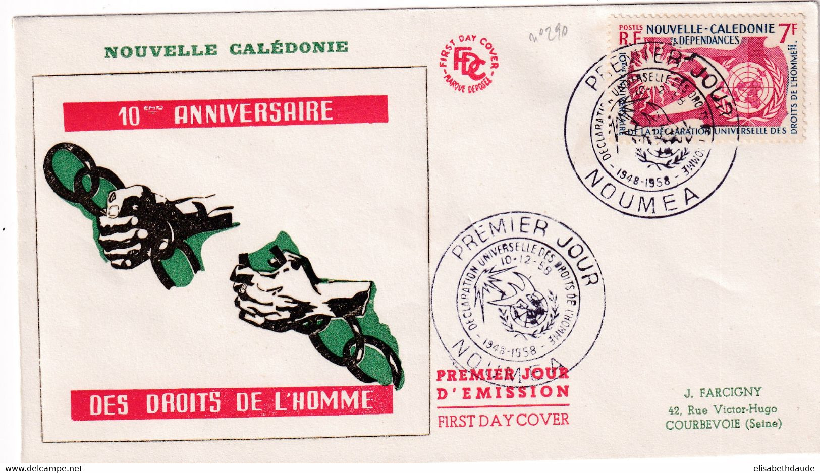 1958 - NOUVELLE CALEDONIE - YT 290 Sur ENVELOPPE FDC 10 ANS DES DROITS DE L'HOMME ! OBLITERATION NOUMEA - FDC