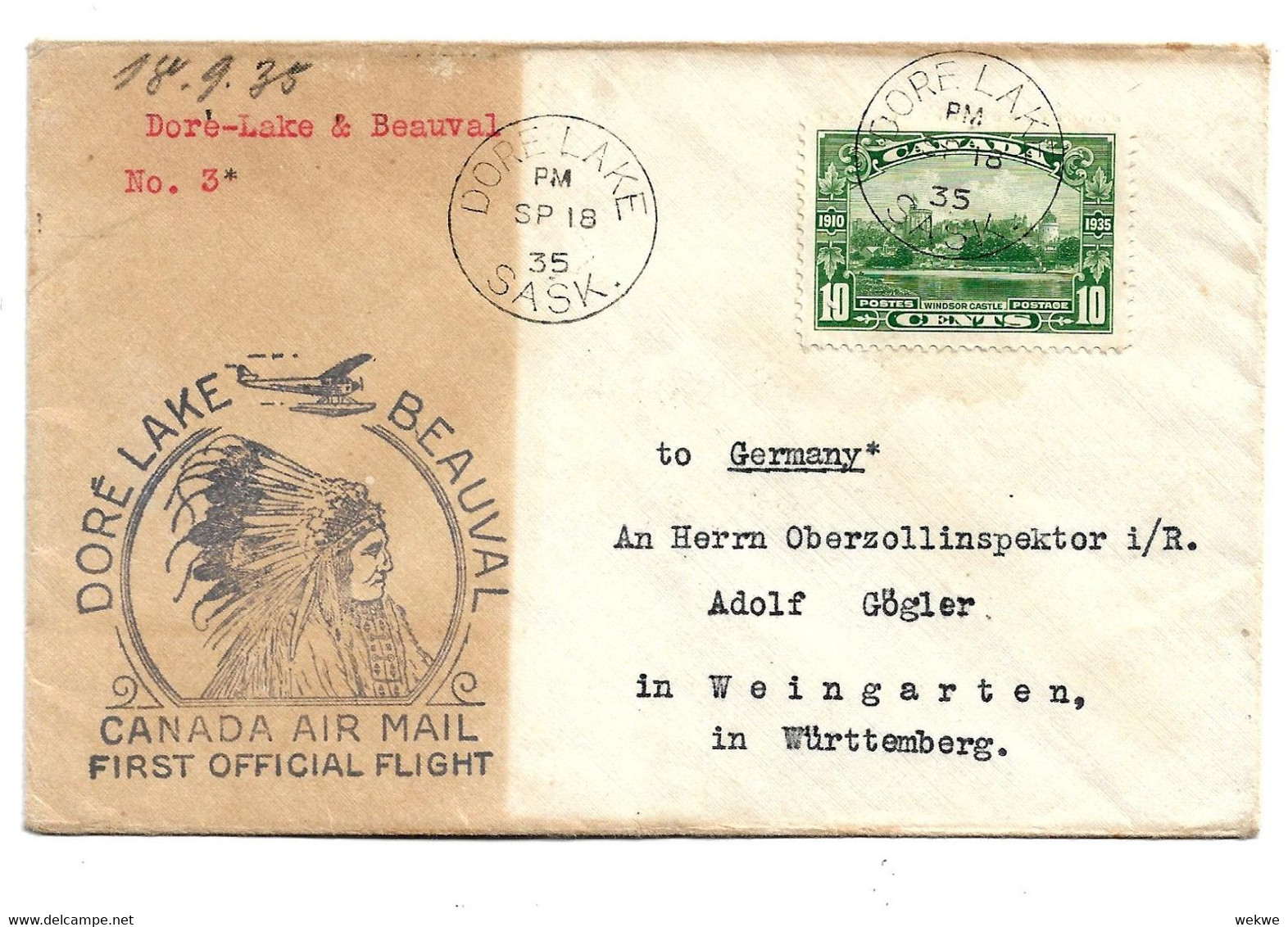 CAF043 / KANADA - Erstflugbeleg 18.9.1935. Frankiert Mit 10 C Regierungsjubiläum Georg V - Covers & Documents