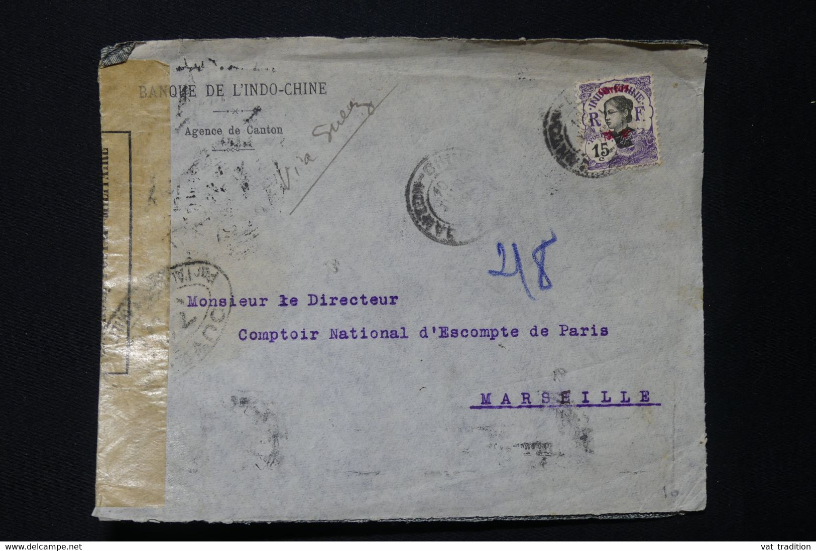 CANTON - Enveloppe Commerciale De Canton Pour Marseille En 1918 Avec Contrôle Postal  - L 82234 - Storia Postale