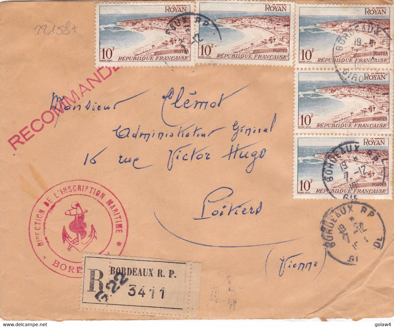 22158# ROYAN ENVELOPPE RECOMMANDE Obl BORDEAUX GIRONDE 1954 POITIERS VIENNE - 1921-1960: Moderne